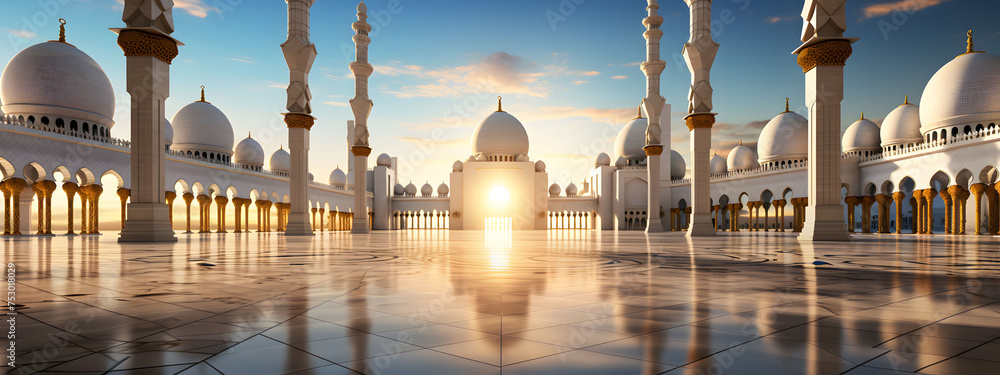A spacious backdrop tailored for text, showcasing a grand mosque as the centerpiece - obrazy, fototapety, plakaty 