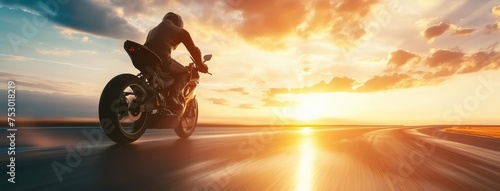 Motorcyclist Speeding on Open Road at Sunset © evening_tao