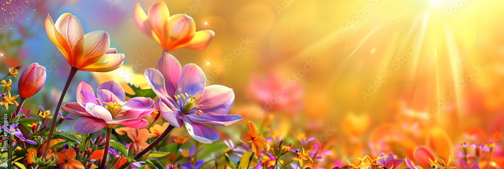 beautiful spring flowers background wallpaper,
crocus flowers against a sunshine background, banner, empty space for text
