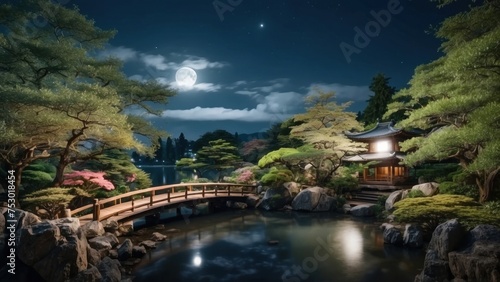 Enchanting atmosphere when you are looking at the full moon in the night sky, surrounded by the beauty of the Japanese garden