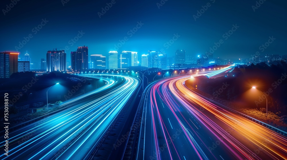 Fototapeta premium blurred traffic background banner at night, Long exposure light .