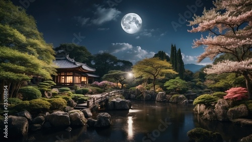 Enchanting atmosphere when you are looking at the full moon in the night sky  surrounded by the beauty of the Japanese garden