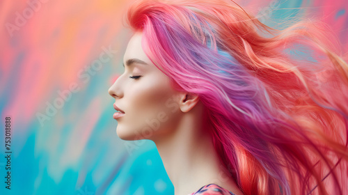 Profile of Woman with Vivid Pink and Blue Wavy Hair