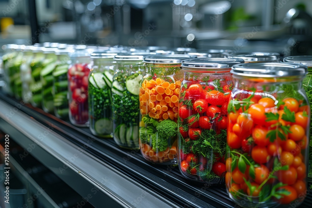 A row of glass jars filled with various vegetables, including tomatoes, carrots