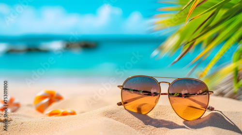 Beach Reflection in Sunglasses with Tropical Scenery and Seashells