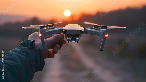 Hand Launching Drone at Sunset Technology and Innovation in Aerial