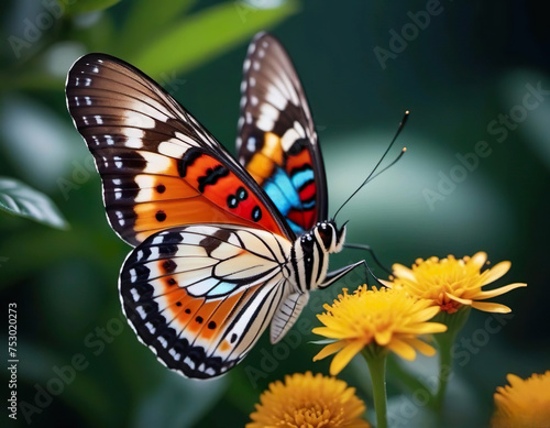 Macro mariposa de colores posada sobre unas flores amarillas 