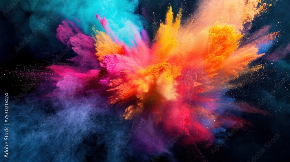 Multicolor powder explosion on black background. Colored cloud. Colorful dust explode. Paint Holi