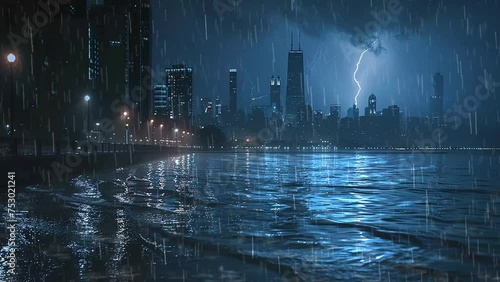 night with cityscape and thunder. lightning strike on water at night lake. seamless looping overlay 4k virtual video animation background photo