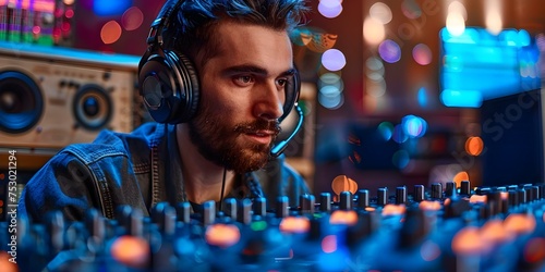 Fine-tuning Sound Levels on Mixer with Headphones: How Technology Helps Music Producers. Concept Music Production, Sound Engineering, Mixer Settings, Technology Advancements, Headphone Calibration