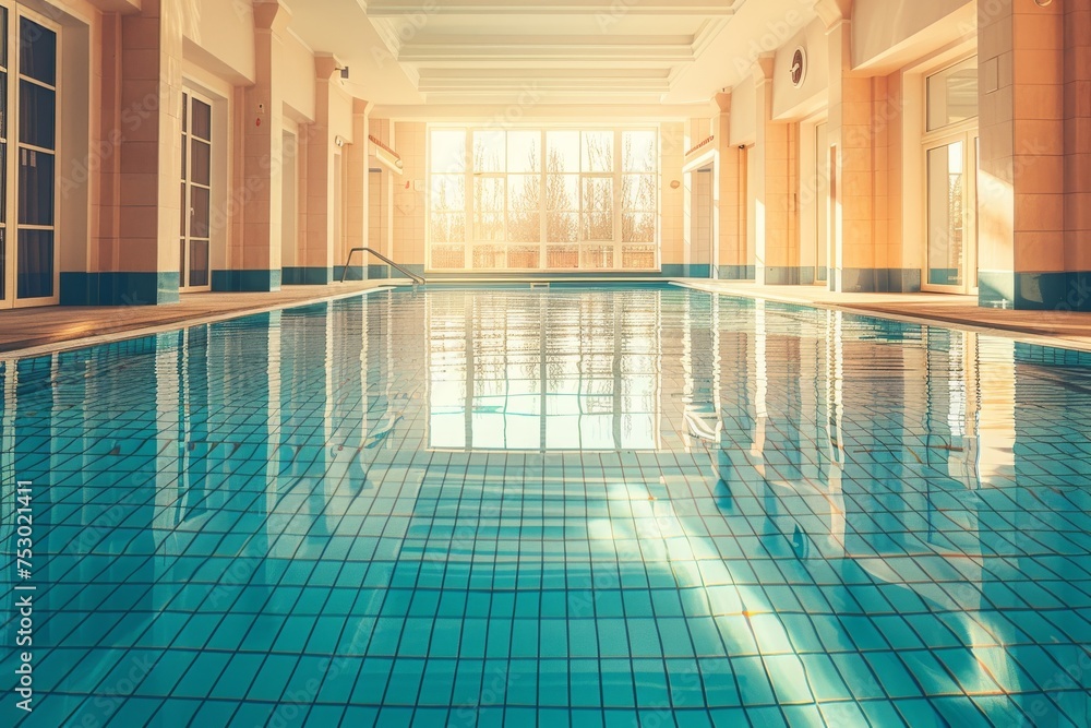 Obraz premium A large swimming pool with a blue tile floor