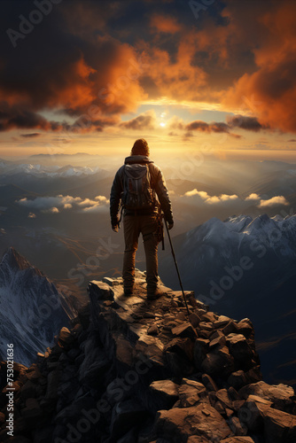 A hiker standing triumphantly on a mountain summit  capturing the spirit of adventure and accomplishment in outdoor exploration.