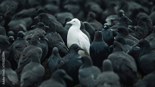 Pájaro blanco entre pájaros negros photo