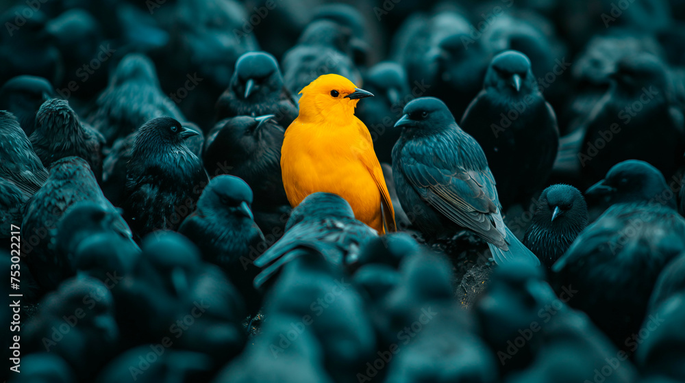 Pájaro amarillo entre pájaros blancos - obrazy, fototapety, plakaty 