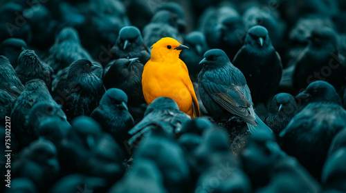 Pájaro amarillo entre pájaros blancos