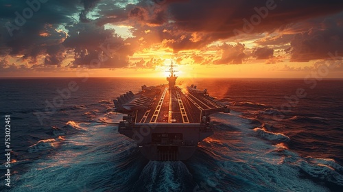 A striking image of a nuclear powered aircraft carrier。 photo