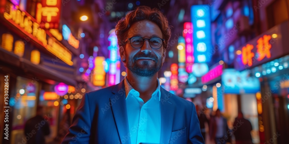 A confident and cheerful corporate manager poses in an illuminated cityscape after work at night. A confident and cheerful corporate manager poses in an illuminated cityscape after work at night.