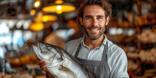 In a food market, a confident and handsome fish seller in an apron showcases freshness, professionalism, and satisfaction. photo