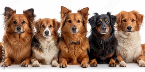 A portrait of an adorable puppy sitting with a group of fluffy friends in a studio, showcasing canine cuteness.