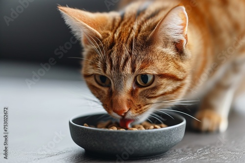 A furred, striped cat humorously indulges in a meal from a bowl.