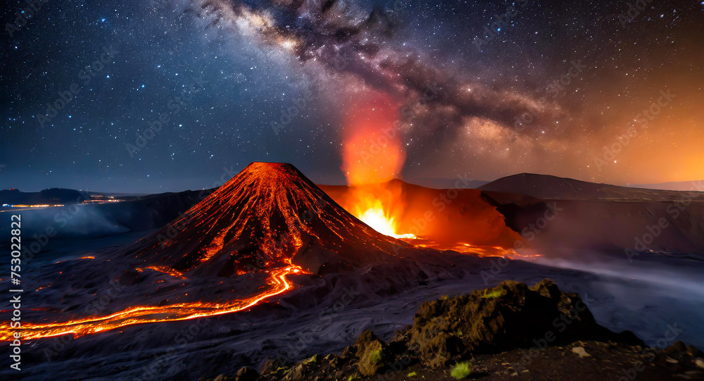 「星夜に浮かぶ火山の光景