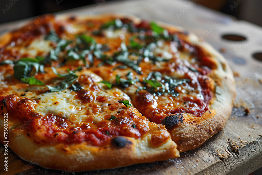 Large vegetarian pizza with cherry tomatoes and herbs on a wooden tray. Generated by artificial intelligence Large vegetarian pizza with cherry tomatoes and herbs on a wooden tray. Generated by artificial intelligence
