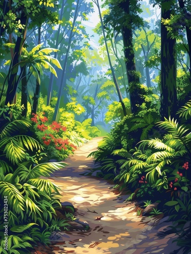 A painting of a forest path with a trail of red flowers