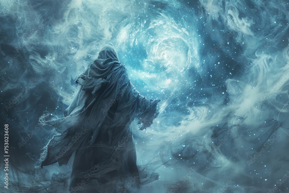 A powerful sorcerer god, akin to Morgoth, stands cloaked in mystical robes as he casts spells, a swirling galaxy serving as his backdrop.