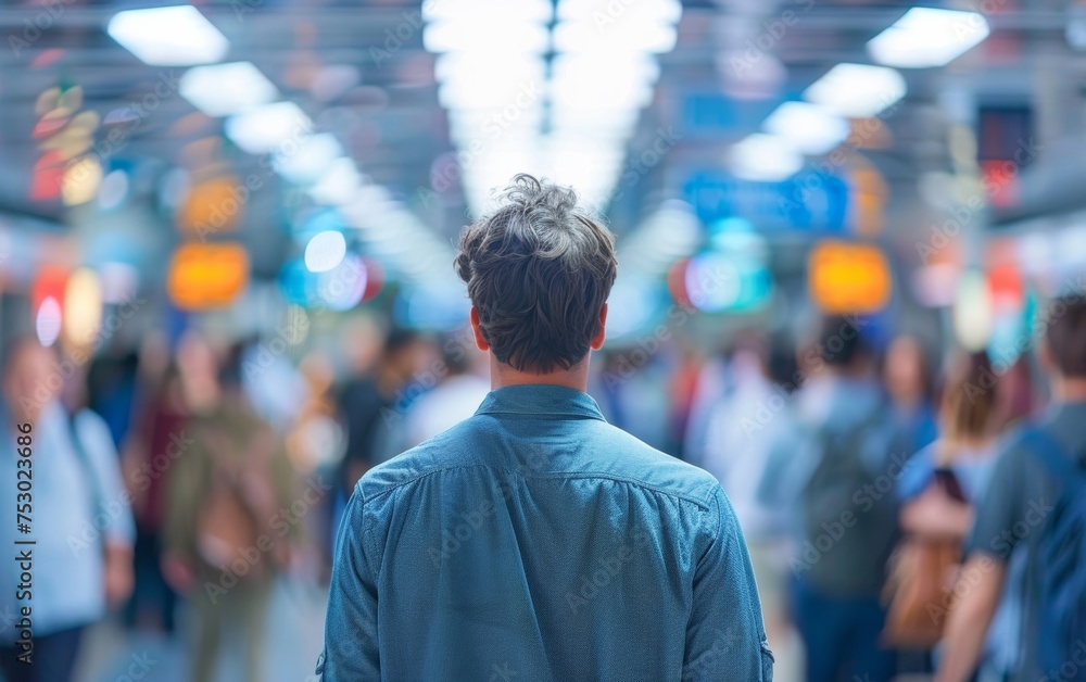 Man waits for train in crowded station, blurred commuters rushing by in city's daily hustle. Man waits for train in crowded station, blurred commuters rushing by in city's daily hustle.
