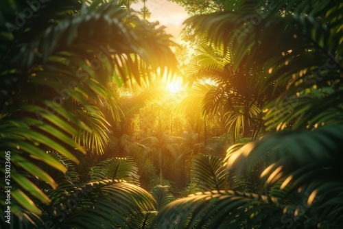 The setting sun casts a warm glow over the dense foliage of the rainforest  adding to its enchanting beauty.