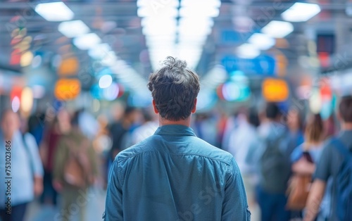 Man waits for train in crowded station, blurred commuters rushing by in city's daily hustle.