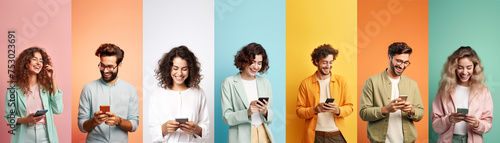 collage concepts of different caucasian happy people in casual style and different age holding cellphone, checking and using messenger.