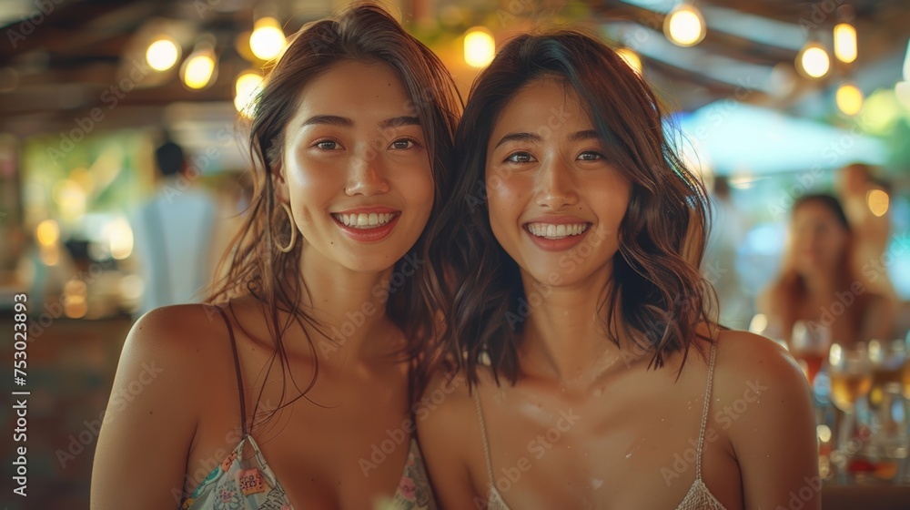 Two gorgeous Asian friends enjoy a delicious meal and great conversation at an upscale dining spot. Two gorgeous Asian friends enjoy a delicious meal and great conversation at an upscale dining spot.