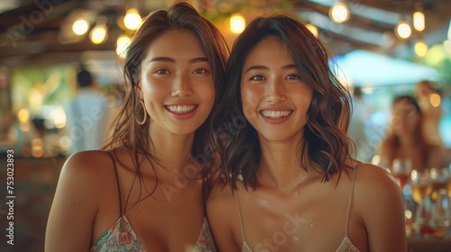 Two gorgeous Asian friends enjoy a delicious meal and great conversation at an upscale dining spot. © tonstock