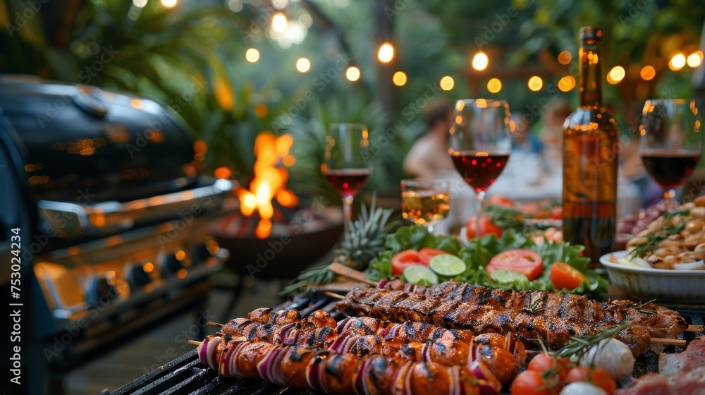 Enjoying a delicious BBQ meal with fresh salads and fine wine, surrounded by the laughter and joy of friends in the backyard. - obrazy, fototapety, plakaty 