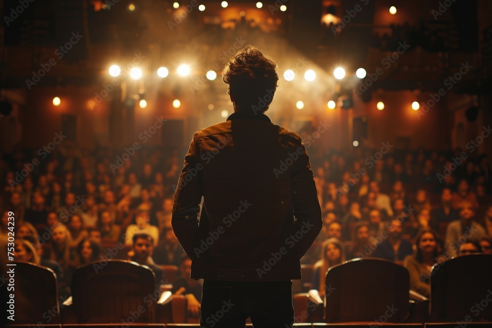 Motivational speaker inspires crowd with powerful speech from stage. Motivational speaker inspires crowd with powerful speech from stage.