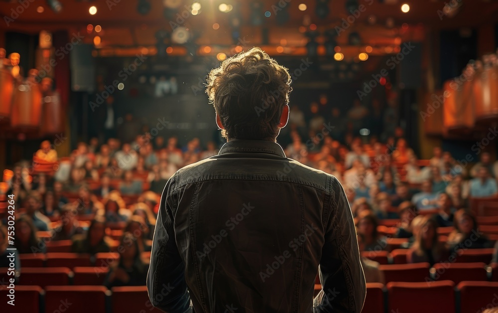 Motivational speaker inspires crowd with powerful speech from stage. Motivational speaker inspires crowd with powerful speech from stage.