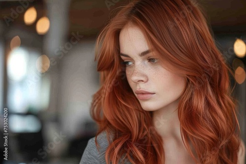 A woman flaunts her stunning new hair color and highlights, expertly done by a skilled hairstylist at a salon.