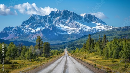 A scenic drive awaits on a clear highway that stretches towards the majestic peaks of a snow-covered mountain range.