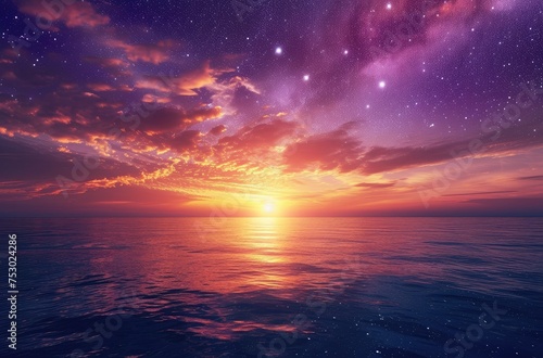 Majestic Sunset and Starry Sky Over Ocean Horizons