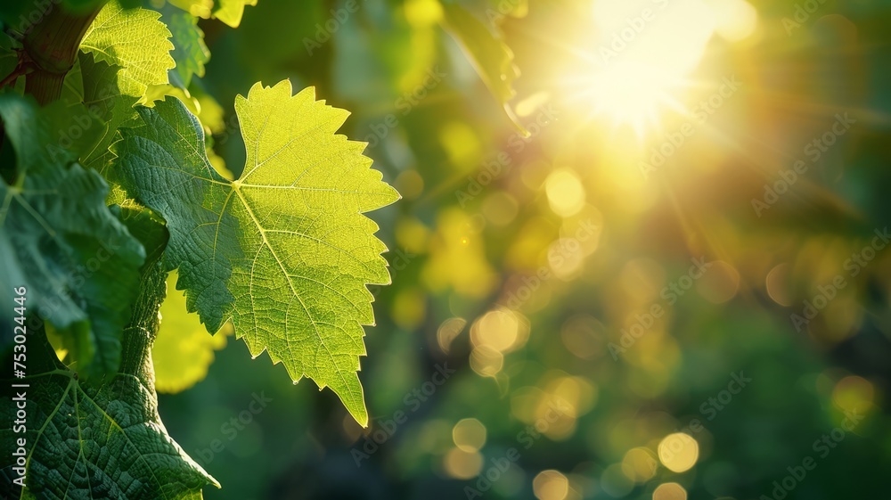 Bright sunlight filtering onto grape leaf, analysis tech overlay - obrazy, fototapety, plakaty 