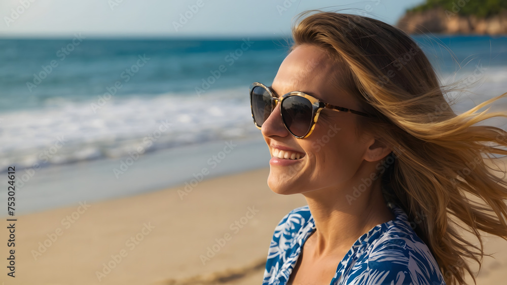 A happy woman on a beach wearing sunglasses. Representing a sunny vacation or a relaxing day at the beach A happy woman on a beach wearing sunglasses. Representing a sunny vacation or a relaxing day at the beach
