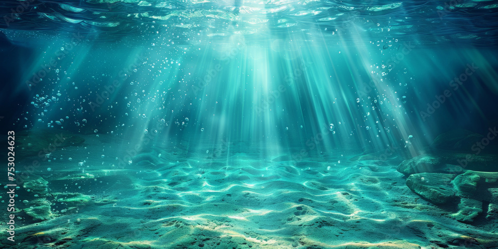underwater scene with rays of light and sun, Underwater blue sea water with sunlight background landscape, banner