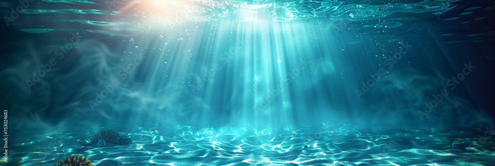 underwater scene with rays of light and sun, Underwater blue sea water ...