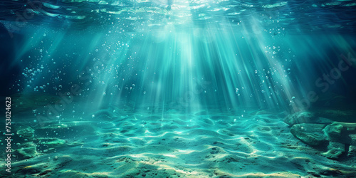 underwater scene with rays of light and sun, Underwater blue sea water with sunlight background landscape, banner