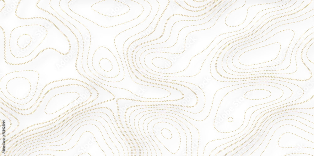 Golden topographic line contour map background, geographic grid map.  Line topography map seamless pattern. Mountain hiking trail over terrain. Contour background - obrazy, fototapety, plakaty 
