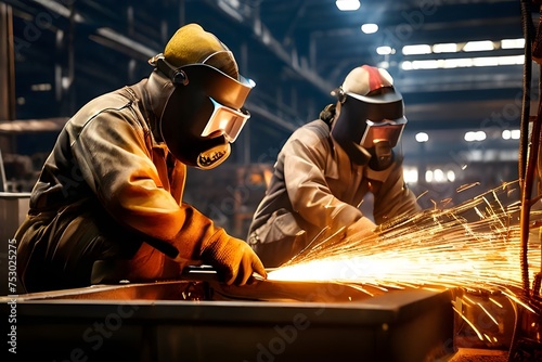  Industrial Workers in Uniforms with Welded Iron Masks at Steel Welding Plants