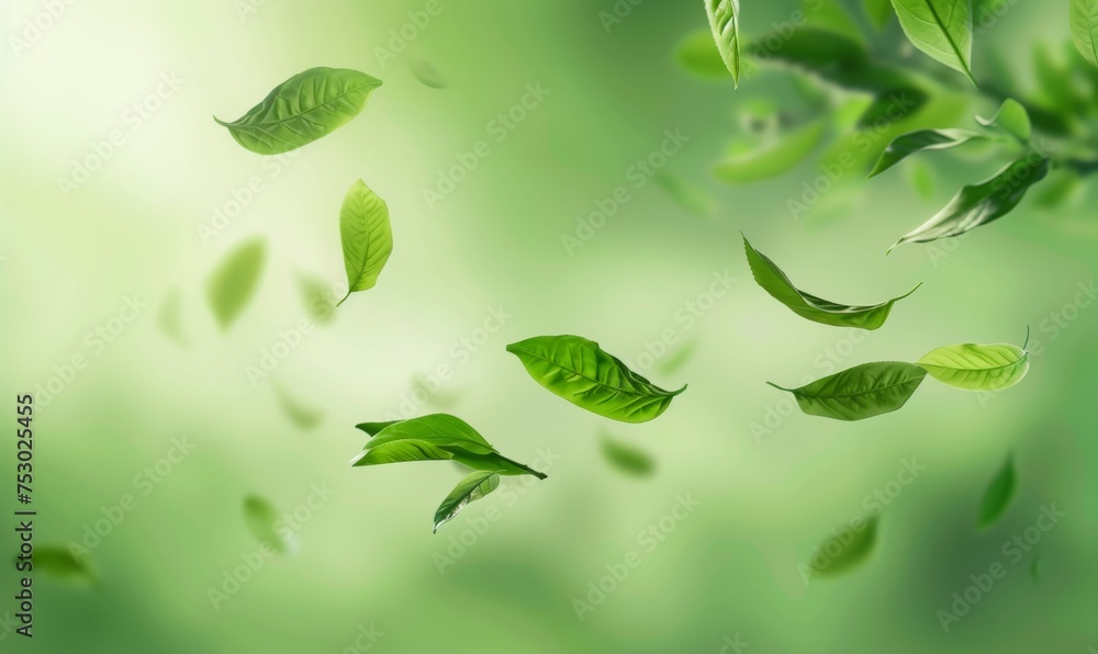 Fresh green tea leaves flying, green tea garden background with place for text. Fresh tea, air purifier, organic, vegan, eco-friendly, or beauty product concept design Fresh green tea leaves flying, green tea garden background with place for text. Fresh tea, air purifier, organic, vegan, eco-friendly, or beauty product concept design