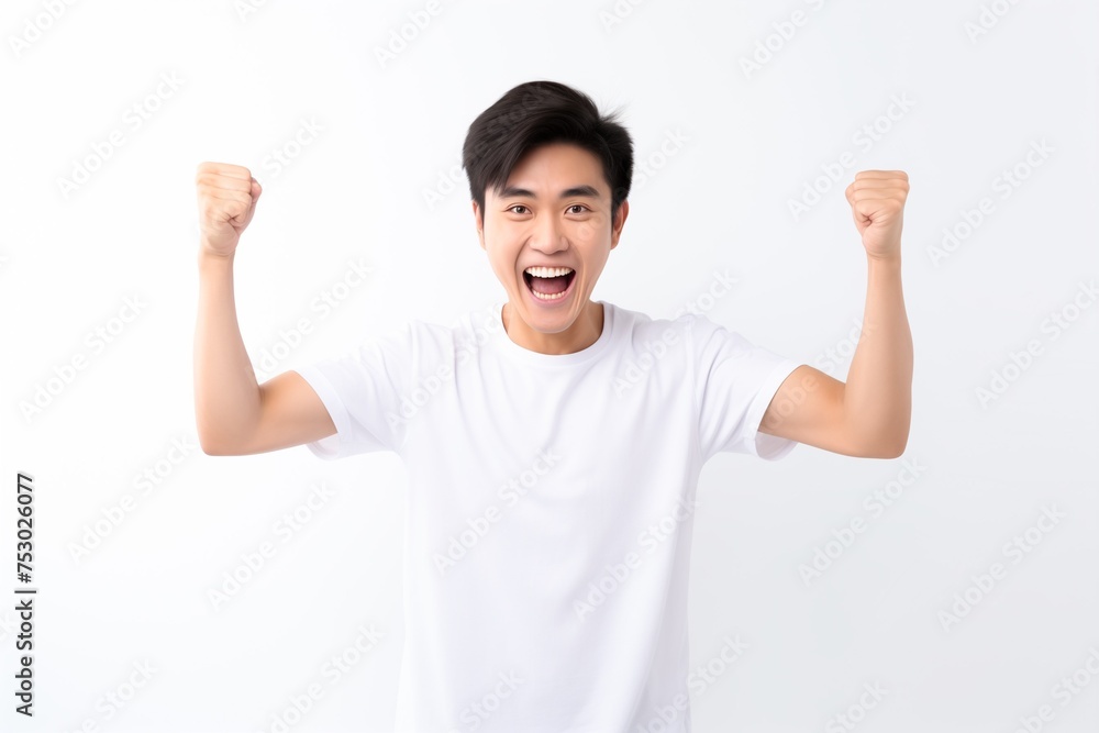 Man feeling good celebrating raising arms fists Man feeling good celebrating raising arms fists