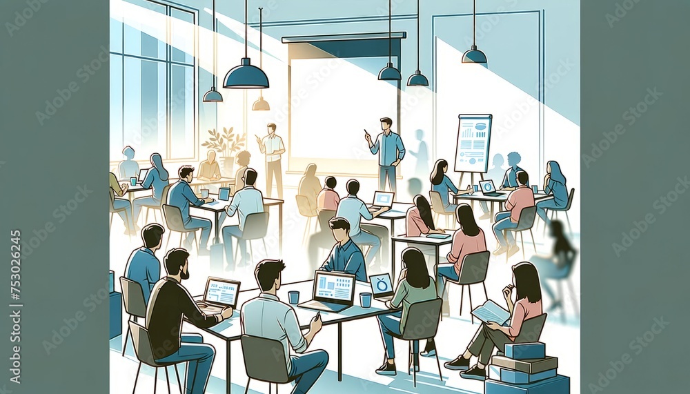 Busy office setting with a presentation in progress and attentive workers Busy office setting with a presentation in progress and attentive workers